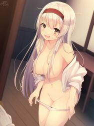 1girl bad_id bad_pixiv_id blurry breasts brown_eyes cleavage d: depth_of_field hair_over_breasts hairband headband highres japanese_clothes kantai_collection kimono large_breasts long_hair navel no_bra no_pants open_clothes open_kimono open_mouth panties panty_pull ramchi shoukaku_(kancolle) signature solo standing underwear undressing wavy_mouth white_hair white_panties wooden_floor rating:Questionable score:26 user:danbooru