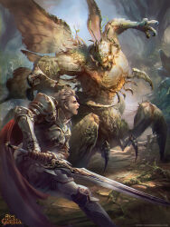  1boy armor blonde_hair cape character_request chimera claws commentary copyright_name copyright_request day demon english_commentary fighting forest full_armor holding holding_sword holding_weapon insect_wings looking_at_another male_focus nature official_art open_mouth outdoors path realistic red_cape road short_hair sword thick_eyebrows weapon wings yu_cheng_hong 
