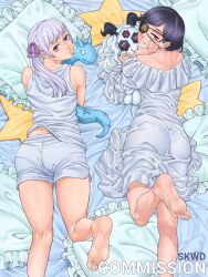  2girls alternate_costume artist_name black_clover commentary commission english_commentary eyepatch feet grey_hair highres insignia looking_at_viewer looking_back lying megicula multiple_girls noelle_silva on_stomach pillow purple_eyes purple_ribbon ribbon shounen_jump skwdrew spade_(shape) stuffed_toy twintails vanica_zogratis 