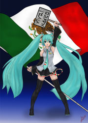  1girl angel211283 blue_eyes blue_hair flag gradient_background hatsune_miku long_hair matching_hair/eyes mexico simple_background skirt solo spanish_text thighhighs twintails very_long_hair vocaloid  rating:Sensitive score:21 user:AnyMex