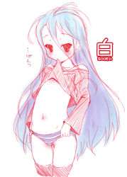  10s 1girl blue_hair blush clothes_lift cowboy_shot flat_chest loli long_hair mouth_hold mudou_eichi navel no_game_no_life panties red_eyes shiro_(no_game_no_life) shirt_lift simple_background sketch solo standing striped_clothes striped_panties thighhighs translated underwear white_background  rating:Questionable score:134 user:DevScones