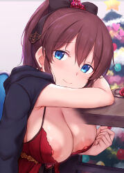  1girl black_jacket blush breasts cai_geng christmas_tree cleavage closed_mouth flower hair_flower hair_ornament idolmaster idolmaster_million_live! jacket jacket_on_shoulders large_breasts lingerie long_hair looking_at_viewer lucky_star negligee nipple_slip nipples ponytail red_flower red_rose rose satake_minako smile solo underwear upper_body x-ray 