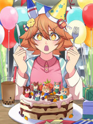  +_+ 1girl absurdres animal_ears balloon birthday_cake blush box bubble_tea cake carrot clover_hair_ornament collared_shirt commentary_request cup daruma_doll drinking_glass ear_covers ear_ornament flipped_hair food fork four-leaf_clover_hair_ornament gift gift_box glass hair_between_eyes hair_ornament happy hat highres holding holding_fork holding_knife holding_utensil horse_ears horse_girl indoors jacket knife long_sleeves looking_at_viewer matikanefukukitaru_(umamusume) mejiro_bright_(umamusume) mejiro_dober_(umamusume) mia-miage1205 official_alternate_costume open_clothes open_jacket open_mouth orange_hair party_hat pink_shirt seeking_the_pearl_(umamusume) shirt short_hair silence_suzuka_(umamusume) single_ear_cover smile solo_focus taiki_shuttle_(umamusume) umamusume upper_body v-shaped_eyebrows 