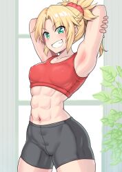 1girl abs absurdres armpits arms_behind_head arms_up bike_shorts black_shorts blonde_hair braid breasts cameltoe covered_erect_nipples crop_top fate/grand_order fate_(series) french_braid green_eyes grin hair_ornament hair_scrunchie harurukan highres looking_at_viewer mordred_(fate) muscular muscular_female navel ponytail red_scrunchie red_shirt scrunchie shirt shorts smile solo thick_thighs thighs toned rating:Sensitive score:50 user:danbooru