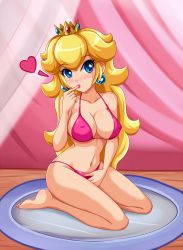  1girl barefoot bikini blonde_hair blue_eyes blush bra breasts closed_mouth crown curvy earrings covered_erect_nipples feet heart highres jewelry large_breasts lips long_hair looking_at_viewer mario_(series) navel nintendo princess_peach sexually_suggestive sigurd_hosenfeld smile solo super_mario_bros._1 swimsuit thighs third-party_edit toes tongue underwear wink  rating:Questionable score:51 user:Bowser2468