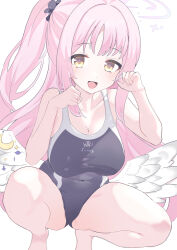  1girl absurdres alternate_hairstyle angel_wings bare_arms bare_legs bare_shoulders barefoot black_one-piece_swimsuit blue_archive blush breasts cleavage collarbone covered_navel crescent crescent_pin feathered_wings halo highres kainekodash large_breasts long_hair looking_at_viewer mika_(blue_archive) one-piece_swimsuit open_mouth pink_hair pink_halo ponytail simple_background smile solo swimsuit white_background white_wings wings yellow_eyes 