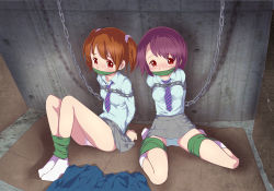 2girls arms_behind_back basement bdsm blush bondage bound bound_arms bound_legs breasts chain female_focus flat_chest full_body gag gagged highres improvised_gag kamimaki_tsukami kidnapped legs_together loli looking_at_viewer multiple_girls restrained school_uniform small_breasts spread_legs tagme tears upskirt 