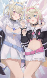  2girls animal_ears artur_link asymmetrical_docking bare_legs belt belt_collar black_coat black_collar black_jacket blonde_hair blue_background blue_belt blue_coat blue_eyes blue_hair blue_nails blush breast_press breasts claw_pose cleavage cleavage_cutout clothing_cutout coat collar cropped_shirt dog_ears dog_girl dog_tail dot_nose dress eyebrows eyelashes fang feet_out_of_frame female_focus fingernails flat_chest frilled_dress frills fur-trimmed_coat fur-trimmed_jacket fur_trim fuwawa_abyssgard fuwawa_abyssgard_(1st_costume) hand_up headphones headphones_around_neck hololive hololive_english horns jacket jewelry large_breasts long_hair long_sleeves mococo_abyssgard mococo_abyssgard_(1st_costume) multicolored_clothes multicolored_coat multicolored_hair multicolored_jacket multiple_girls nail_polish necklace open_mouth pink_background pink_belt pink_eyes pink_hair pink_jacket pink_nails shirt shorts siblings simple_background single-shoulder_shirt single_bare_shoulder single_off_shoulder sisters skin_fang smile standing streaked_hair t-shirt tail twins two-tone_background two-tone_hair virtual_youtuber white_coat white_dress white_jacket white_shirt white_shorts 