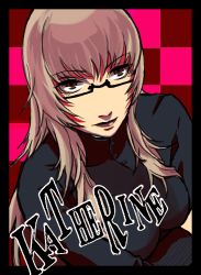  1girl atlus brown_eyes brown_hair catherine_(game) crossed_arms female_focus glasses il_matto katherine_mcbride long_hair solo sweater 