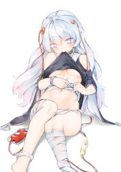1girl absurdres bandaged_leg bandaged_neck bandages black_shirt blood blood_bag blue_hair blush breasts clothes_in_mouth clothes_lift girls&#039;_frontline groin hair_between_eyes hansal head_tilt highres long_hair looking_at_viewer medium_breasts mouth_hold navel panties purple_eyes ribeyrolles_(girls&#039;_frontline) shirt shirt_in_mouth shirt_lift side-tie_panties sitting sketch solo underwear very_long_hair white_background white_panties wristband rating:Sensitive score:16 user:danbooru