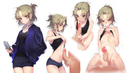 1boy 1girl breasts brown_eyes cellphone cum cum_in_mouth cum_on_body flip_phone genderswap genderswap_(mtf) hand_in_own_hair hetero highres holding holding_phone jacket lifting_own_clothes liu_bei navel oarfish_(oarfish_ec) parted_bangs penis phone romance_of_the_three_kingdoms short_shorts shorts simple_background small_breasts testicles the_chat_of_the_three_kingdoms white_background