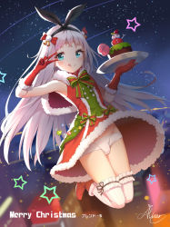  1boy :p aliter aqua_eyes armpits bare_shoulders bell black_bow blend_s bow bowtie bulge cake capelet christmas crossdressing dress english_text food full_body fur_trim gloves hair_ornament hairband half-closed_eyes highres jingle_bell kanzaki_hideri long_hair looking_at_viewer looking_to_the_side male_focus merry_christmas night night_sky outdoors panties plate red_bow salute silver_hair sky sleeveless sleeveless_dress snow solo star_(symbol) text_focus thighhighs tongue tongue_out trap two-finger_salute underwear v very_long_hair white_panties wind wind_lift  rating:Questionable score:46 user:danbooru