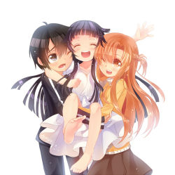 10s 1boy 2girls :d ;d ^_^ asuna_(sao) barefoot black_eyes black_hair blush breasts brown_eyes brown_hair dress closed_eyes feet heart heart-shaped_pupils holding kirito long_hair multiple_girls mvv one_eye_closed open_mouth outstretched_arms raised_eyebrows short_hair skirt smile soles sword_art_online symbol-shaped_pupils toes wink yui_(sao) rating:Sensitive score:15 user:danbooru