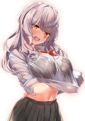 1girl black_skirt blush bow bowtie bra_visible_through_clothes highres kawai_(purplrpouni) long_hair looking_at_viewer navel open_mouth original red_bow red_bowtie school_uniform see-through see-through_shirt shirt silver_hair simple_background skirt solo wet wet_clothes wet_shirt white_background yellow_eyes rating:Questionable score:29 user:danbooru