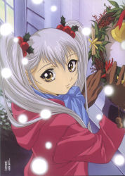  1990s_(style) 1girl bell brown_gloves bush christmas christmas_wreath closed_mouth coat from_side gloves grey_hair hair_ornament highres holly_hair_ornament hood hood_down hooded_coat hoshino_ruri kidou_senkan_nadesico lavender_scarf long_hair long_sleeves looking_at_viewer looking_to_the_side matsuda_tsuyoshi official_art outdoors pom_pom_(clothes) retro_artstyle scan scarf smile snowing solo standing third-party_source twintails upper_body winter winter_clothes winter_coat wreath yellow_eyes  rating:Sensitive score:3 user:danbooru