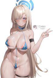 1girl absurdres alternate_costume areola_slip asuna_(blue_archive) bikini blonde_hair blue_archive blue_eyes blush breasts cameltoe cleft_of_venus commentary curvy english_commentary halo highres large_breasts long_hair micro_bikini mole mole_on_breast navel sideboob simple_background smile solo stomach swimsuit thick_thighs thigh_strap thighs underboob v vodeferr white_background rating:Questionable score:60 user:danbooru