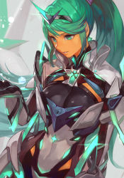  1girl breasts chest_jewel earrings female_focus green_eyes green_hair headpiece hungry_clicker jewelry large_breasts long_hair looking_at_viewer matching_hair/eyes parted_lips pneuma_(xenoblade) ponytail smile solo swept_bangs tiara very_long_hair xenoblade_chronicles_(series) xenoblade_chronicles_2  rating:Sensitive score:13 user:danbooru