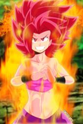  10s 1girl caulifla cheeso_art dragon_ball dragon_ball_super female_focus highres looking_at_viewer red_eyes red_hair saiyan smile solo spiked_hair super_saiyan super_saiyan_god tomboy  rating:Sensitive score:20 user:Cheeso