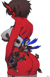 1girl ass back bare_shoulders black_hair breasts colored_skin covered_erect_nipples from_behind highleg highleg_leotard horns kidouko_(zakusi) large_breasts leotard looking_at_viewer looking_back oni oni_horns orange_eyes original parted_lips pointy_ears red_oni red_skin short_hair signature solo thighhighs zakusi rating:Sensitive score:15 user:danbooru
