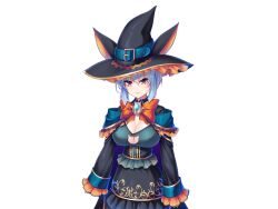  1girl animal_ears arms_at_sides blue_hair breasts cape cat_ears cleavage closed_mouth cowboy_shot eyebrows_hidden_by_hair female_focus game_cg hat large_breasts light_blue_hair looking_at_viewer orange_eyes original saxasa_kisuk short_hair simple_background skirt smile solo standing tachi-e transparent_background witch_hat yandere_na_majo_sanshimai_ni_shinuhodo_aishi_tsukusareru_isekai_seikatsu 