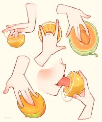  absurdres disembodied_hand disembodied_mouth food fruit gaziter highres implied_yuri juice lemon licking mango melon orange_(fruit) original saliva saliva_trail sexually_suggestive simulated_cunnilingus simulated_fingering suggestive tongue tongue_out yonic_symbol  rating:Questionable score:75 user:danbooru