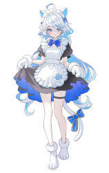  1girl ahoge alternate_costume animal_ears animal_hands apron black_dress blue_bow blue_bowtie blue_dress blue_eyes blue_hair blush bow bowtie brooch cat_ears cat_girl cat_tail closed_mouth colored_inner_hair dress enmaided fang frilled_apron frills furina_(genshin_impact) genshin_impact gloves hair_between_eyes heterochromia highres jewelry kemonomimi_mode long_hair low_twintails maid maid_headdress multicolored_hair myless paw_gloves paw_shoes pleated_dress puffy_short_sleeves puffy_sleeves short_sleeves sidelocks simple_background skindentation skirt_hold smile solo tail tail_bow tail_ornament thigh_strap twintails two-sided_dress two-sided_fabric vision_(genshin_impact) white_apron white_background white_footwear white_gloves white_hair 