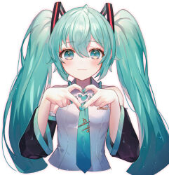  1girl abandon_ranka aqua_eyes aqua_hair blue_eyes blue_hair blush breasts detached_sleeves hair_ornament hatsune_miku highres long_hair looking_at_viewer miku_day necktie open_mouth shirt simple_background sleeveless small_breasts smile solo thighhighs twintails very_long_hair vocaloid 