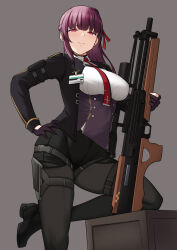  1girl bbk_(13zk) between_breasts black_footwear black_jacket black_pantyhose box breasts bullpup commentary english_commentary girls&#039;_frontline girls&#039;_frontline_2:_exilium gloves grey_background gun highres holding holding_gun holding_weapon id_card jacket large_breasts leg_support long_hair looking_at_viewer medium_breasts necktie necktie_between_breasts pantyhose partially_fingerless_gloves ponytail purple_gloves purple_hair red_eyes red_necktie rifle simple_background smile sniper_rifle solo suppressor wa2000_(girls&#039;_frontline) walther walther_wa_2000 weapon 