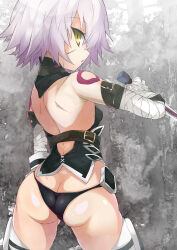  1girl ass back bandaged_arm bandages bare_shoulders black_gloves black_panties black_thighhighs black_vest breasts butt_crack cropped_vest dagger facial_scar fate/apocrypha fate/grand_order fate_(series) gloves green_eyes hair_between_eyes highres jack_the_ripper_(fate/apocrypha) knife looking_at_viewer looking_back panties scar scar_across_eye scar_on_cheek scar_on_face shimejinameko short_hair shoulder_tattoo single_glove small_breasts tattoo thighhighs thighs underwear vest weapon white_hair 