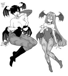  2girls animal_print artist_name bare_shoulders bat_print breasts cleavage commission cosplay curvy fangs full_body greyscale head_wings highres large_breasts leotard lilith_aensland lilith_aensland_(cosplay) long_hair low_wings melissa_renata monochrome morrigan_aensland morrigan_aensland_(cosplay) multiple_girls no_bra norman_maggot olive_laurentia original petite pixie_cut short_hair simple_background sitting small_breasts strapless strapless_leotard vampire_(game) white_background wings 