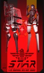  2girls abs android armor belt_pouch black_gloves black_hair blue_eyes breastplate commentary english_text eyeshadow german_text gloves grenade_launcher gun handgun helmet hetza_(hellshock) highres holding holding_weapon joints makeup mechanical_arms mechanical_legs multiple_girls no_feet pouch red_eyeshadow revolver riot_shield robot_girl robot_joints shield short_hair signalis star_(signalis) thigh_pouch weapon 