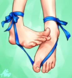  1girl ankle_ribbon asmo_deus barefoot between_toes blue_ribbon dungeon_ni_deai_wo_motomeru_no_wa_machigatteiru_darou_ka feet foot_focus hestia_(danmachi) leg_ribbon parody rei_no_himo ribbon solo toenails toes  rating:Sensitive score:122 user:danbooru
