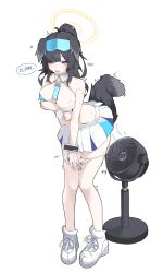 1girl absurdres animal_ears arm_under_breasts ass bare_shoulders black_hair blue_archive blush breast_hold breasts cheerleader commentary_request dog_ears dog_girl dog_tail electric_fan eyewear_on_head fanning_crotch fanning_self full_body gloves goggles goggles_on_head hairband halo hibiki_(blue_archive) hibiki_(cheer_squad)_(blue_archive) highres hot korean_text long_hair medium_breasts millennium_cheerleader_outfit_(blue_archive) mona_kkkk navel official_alternate_costume panties panty_pull shirt shoes simple_background skirt solo standing star_sticker sticker_on_arm sticker_on_face sweat tail translation_request trembling underwear wet white_background white_footwear white_gloves white_shirt white_skirt yellow_halo 