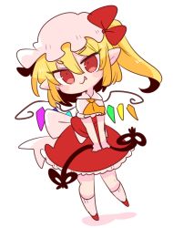  1girl ascot blonde_hair bow crystal fang flandre_scarlet frilled_shirt frilled_shirt_collar frilled_skirt frilled_sleeves frills hat hat_ribbon highres laevatein medium_hair mob_cap one_side_up op_na_yarou puffy_short_sleeves puffy_sleeves red_bow red_eyes red_ribbon red_skirt red_vest ribbon shirt short_hair short_sleeves side_ponytail simple_background skirt skirt_set smile touhou vest white_background white_shirt wings yellow_ascot 