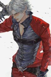  1boy belt black_gloves blue_eyes closed_mouth coat dante_(devil_may_cry) devil_may_cry devil_may_cry_(series) devil_may_cry_2 gloves highres holding holding_weapon male_focus niuuage rebellion_(sword) red_coat simple_background solo sword weapon weapon_on_back white_hair 