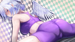  1girl alternate_costume aqua_background argyle argyle_background ass back bare_shoulders blush braid breasts cameltoe closed_mouth commentary_request cowboy_shot exercising feathered_wings from_behind hair_between_eyes kishin_sagume large_breasts looking_at_viewer looking_back medium_hair niradama_(nira2ratama) purple_background purple_shorts purple_sports_bra red_eyes shorts sidelocks single_wing skindentation solo sports_bra sweat touhou very_sweaty white_background white_hair white_wings wings 