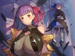 2girls ass bare_shoulders black_feathers blush bodysuit boots breasts covered_erect_nipples fate/grand_order fate_(series) feathers hair_ribbon huge_breasts large_breasts long_hair looking_at_viewer looking_back meltryllis_(fate) multiple_girls neo-masterpeacer parted_lips passionlip_(fate) purple_hair red_eyes ribbon thigh_boots thighhighs rating:Questionable score:17 user:danbooru