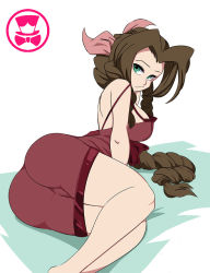  1girl aerith_gainsborough ass braid breasts brown_hair cameltoe cleft_of_venus dress final_fantasy final_fantasy_vii green_eyes hair_ribbon large_breasts long_hair looking_at_viewer lying on_side red_dress ribbon schpicy simple_background solo white_background  rating:Questionable score:53 user:DarkToonLink
