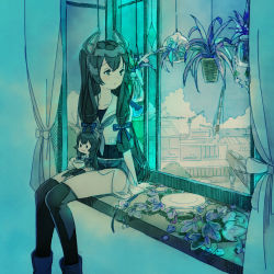  1girl aqua_theme black_thighhighs blouse character_doll crane_(machine) cup curtains doll expressionless feet_out_of_frame grey_neckerchief hair_over_shoulder hanging_plant headgear highres holding holding_cup i-47_(kancolle) indoors kantai_collection kokudou_juunigou long_hair looking_away looking_to_the_side neckerchief plant planter potted_plant sailor_collar school_swimsuit see-through see-through_skirt shirt sidelocks sitting sitting_in_window skirt sleeveless sleeveless_shirt solo swimsuit thighhighs very_long_hair window windowsill  rating:Sensitive score:6 user:danbooru