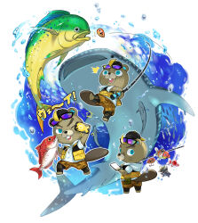  1boy ;d ^^^ animal animal_crossing arm_up backwards_hat baseball_cap belt_pouch black_headwear blue_eyes buck_teeth c.j._(animal_crossing) cellphone commentary_request drawstring eyewear_on_head fish fish_request fishing fishing_rod freckles furry furry_male hat holding holding_animal holding_fish holding_fishing_rod holding_phone hood hood_down hoodie looking_at_viewer looking_back male_focus mikami multiple_views nintendo one_eye_closed open_clothes open_mouth open_vest orange_shorts phone pouch shark short_sleeves shorts simple_background smartphone smile star_(symbol) sunglasses teeth v-shaped_eyebrows vest water water_drop whale_shark white_background white_hoodie wide-eyed yellow_vest 