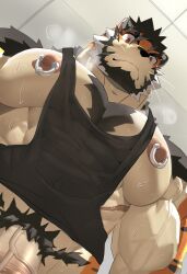  1boy absurdres animal_ears ashael_toramono_(ashendawger) ashendawger bara bare_pectorals beard black_hair black_tank_top bottomless chest_tuft cowboy_shot facial_hair flaccid foreshortening forked_eyebrows from_below furry furry_male girthy_penis heavy_breathing highres large_pectorals looking_at_viewer looking_down male_focus male_pubic_hair meme muscular muscular_male nipple_piercing nipples orange_fur original pectorals penis penis_out_of_frame piercing pubic_hair short_hair solo sparse_chest_hair strongman_waist sweat tank_top thick_beard thick_eyebrows tiger_boy tiger_ears undersized_clothes upper_body veins veiny_arms veiny_penis very_sweaty white_fur yur_oc_like_this_(meme) 