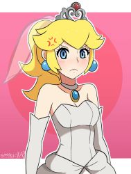 &gt;:( 1girl anger_vein angry arms_at_sides artist_name bare_shoulders blonde_hair blue_eyes blush breasts bridal_veil bride brooch choker cleavage collarbone dress earrings elbow_gloves frown gloves highres jewelry long_hair looking_at_viewer mario_(series) medium_breasts nintendo ponytail princess_peach princess_peach_(wedding) sarukaiwolf solo standing strapless strapless_dress super_mario_bros._1 super_mario_odyssey tiara upper_body v-shaped_eyebrows veil wedding_dress white_dress white_gloves rating:Sensitive score:53 user:Perv-Ultra