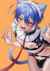  1boy absurdres animal_collar animal_ear_fluff animal_ears blue_hair blush bulge cat_ears cat_tail collar commentary_request cowboy_shot crossdressing frilled_hairband frills hair_between_eyes hairband hands_up highres leaning_forward leash looking_at_viewer maid_headdress male_focus medium_hair nipples omiyacha open_mouth orange_background original paw_pose revealing_clothes short_sleeves sidelocks solo sweatdrop tail thighs tongue trap white_hairband  rating:Sensitive score:96 user:danbooru