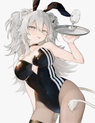  1girl alternate_costume animal_ears bare_arms bare_shoulders belt black_pantyhose breasts cleavage cowboy_shot cup cutout_above_navel drinking_glass fake_animal_ears grey_eyes grey_hair highleg highleg_leotard highres holding holding_tray hololive kumono_nnn large_breasts leotard lion_ears lion_tail pantyhose playboy_bunny rabbit_ears shishiro_botan simple_background solo strapless strapless_leotard tail thigh_belt thigh_strap tongue tongue_out tray virtual_youtuber white_background white_tail wine_glass 