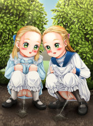 2girls black_socks blonde_hair bloomers bloomers_pull blue_bow blue_dress blush bow braid bush cleft_of_venus clothes_lift dress dress_lift green_eyes hedge kahis_(sweetbriar) loli long_hair long_sleeves mary_janes multiple_girls open_mouth outdoors panties panty_pull pavement peeing peeing_together pink_bow ponytail puddle pussy road shoes siblings sisters sky smile socks sparkle squatting twins uncensored underwear white_bloomers white_dress white_socks rating:Explicit score:64 user:cpee