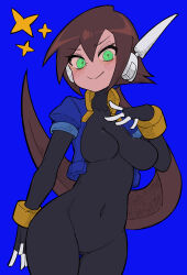  1girl absurdres aile_(mega_man_zx) black_bodysuit blue_background blue_jacket blush bodysuit bodysuit_under_clothes breasts brown_hair buzzlyears commentary covered_collarbone covered_navel cropped_jacket glowing green_eyes grin highres jacket long_hair looking_at_viewer medium_breasts mega_man_(series) mega_man_zx mega_man_zx_advent no_pants open_clothes open_jacket ponytail robot_ears simple_background smile solo teeth 
