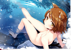 1girl absurdres animal_ears arm_support arms_at_sides blush breasts brown_eyes brown_hair cat_ears cat_tail chen closed_mouth collarbone completely_nude day earrings from_above from_behind groin highres jewelry ke-ta knees_together_feet_apart looking_at_viewer looking_back looking_up multiple_tails nekomata night nipples non-web_source nude onsen outdoors page_number pussy reclining reflection rock short_hair single_earring sitting sitting_on_rock small_breasts smile snow snowing soaking_feet solo tail thigh_gap touhou translated tree two_tails water wet rating:Explicit score:148 user:danbooru