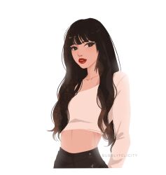  1girl artist_name black_hair black_shorts blunt_bangs bubblyfelicity close-up commentary crop_top english_commentary eyelashes highres k-pop lisa_(blackpink) long_hair loose_hair_strand makeup mascara parted_lips real_life red_lips shorts simple_background solo upper_body white_background 
