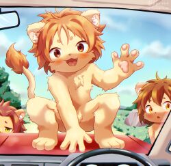  1boy 2others absurdres ambiguous_gender blush child furry furry_male highres lion looking_at_viewer male_focus multiple_others nude piporinton solo solo_focus spread_legs squatting  rating:Sensitive score:23 user:Shanmao