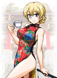  1girl bare_shoulders birthday blonde_hair blue_eyes blush braid breasts china_dress chinese_clothes closed_mouth cup darjeeling_(girls_und_panzer) dress earrings folded_fan folding_fan girls_und_panzer groin hand_fan highres holding holding_fan jewelry large_breasts looking_at_viewer looking_to_the_side no_panties oosaka_kanagawa smile solo standing teacup textless_version 